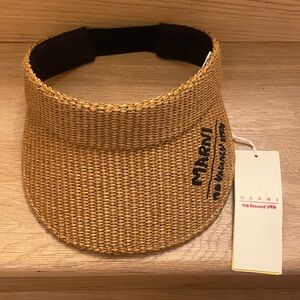 Marni Woven Straw Visor in Natural Tan with Black Logo